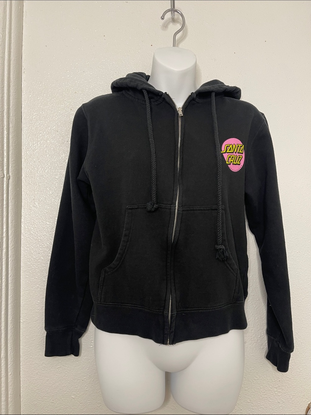 Women’s- Santa Cruz Skateboards Black Zip Hoodie with Pink & Yellow Chest Logo s